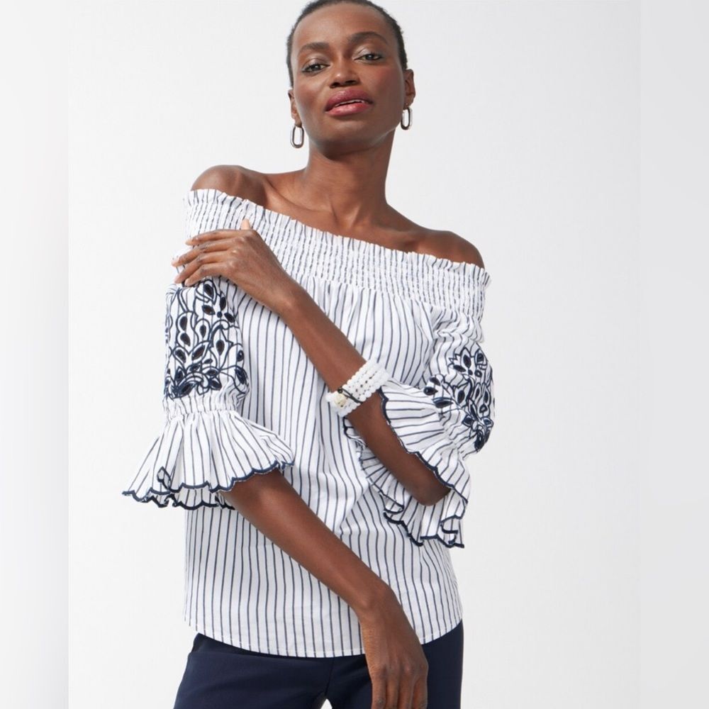Chico’s Off Shoulder Slim Strip Tunic SZ 1.5 US 6 Black&White Smocked 3/4 Sleeve